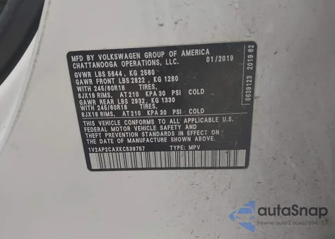 2019 Volkswagen Atlas 2.0T S из США, поврежденный, VIN 1V2AP2CAXKC539757